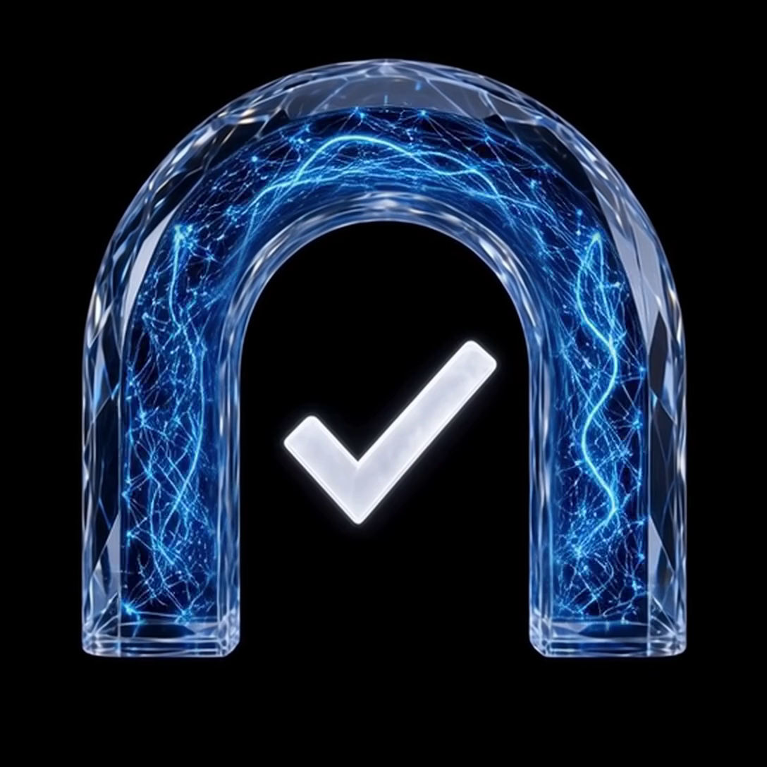 Exedra Gate screening certification badge: a crystal arch with the record's chain flowing inside it, a checkmark standing in the gate