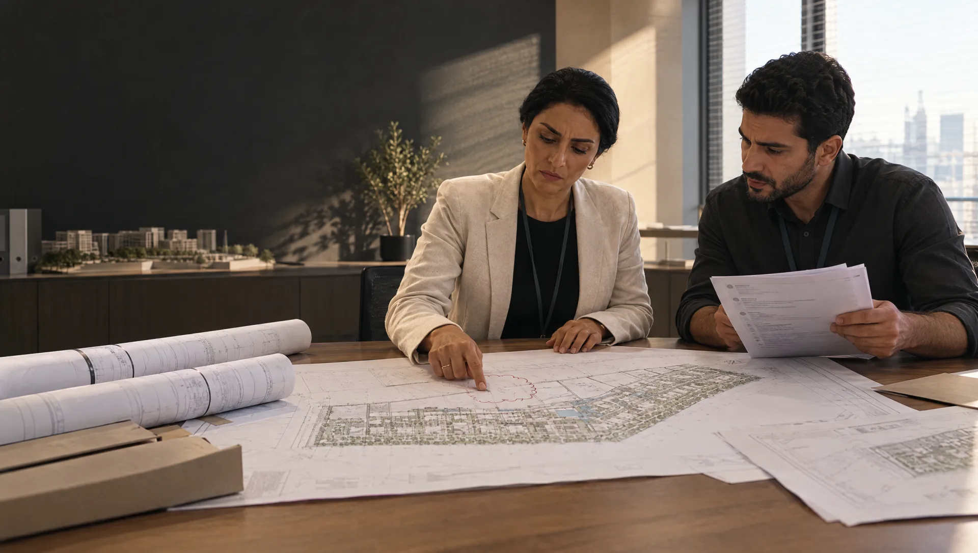 Two project professionals compare a revised drawing with a separate paper record